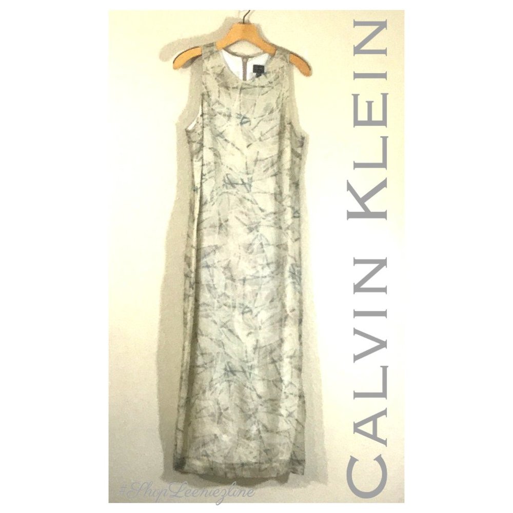 Calvin Klein Beige Green w/Green Print Midi Dress